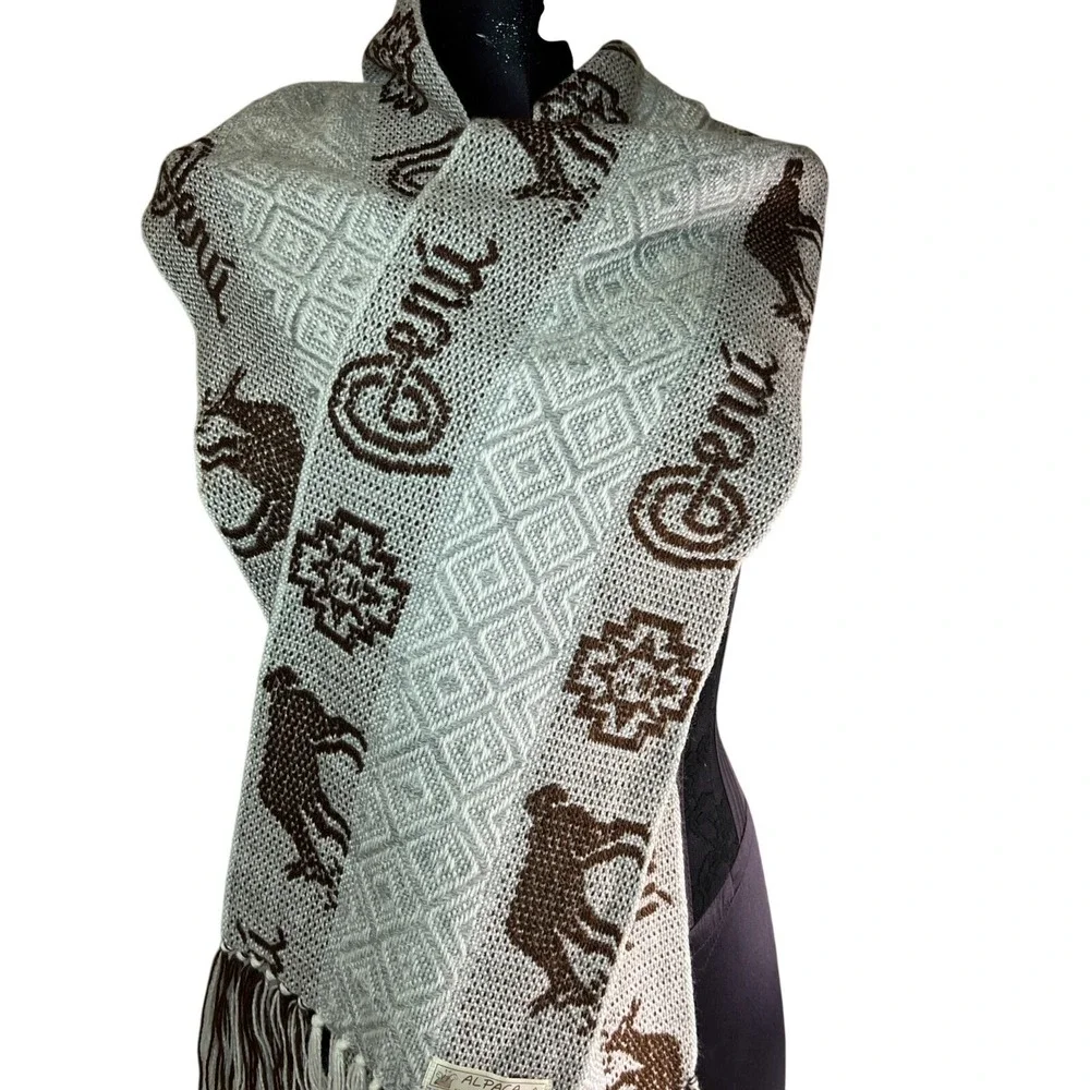 Alpaca Andes Woven Scarf Gray Brown Llama Geometric Fringe Winter Wrap‎